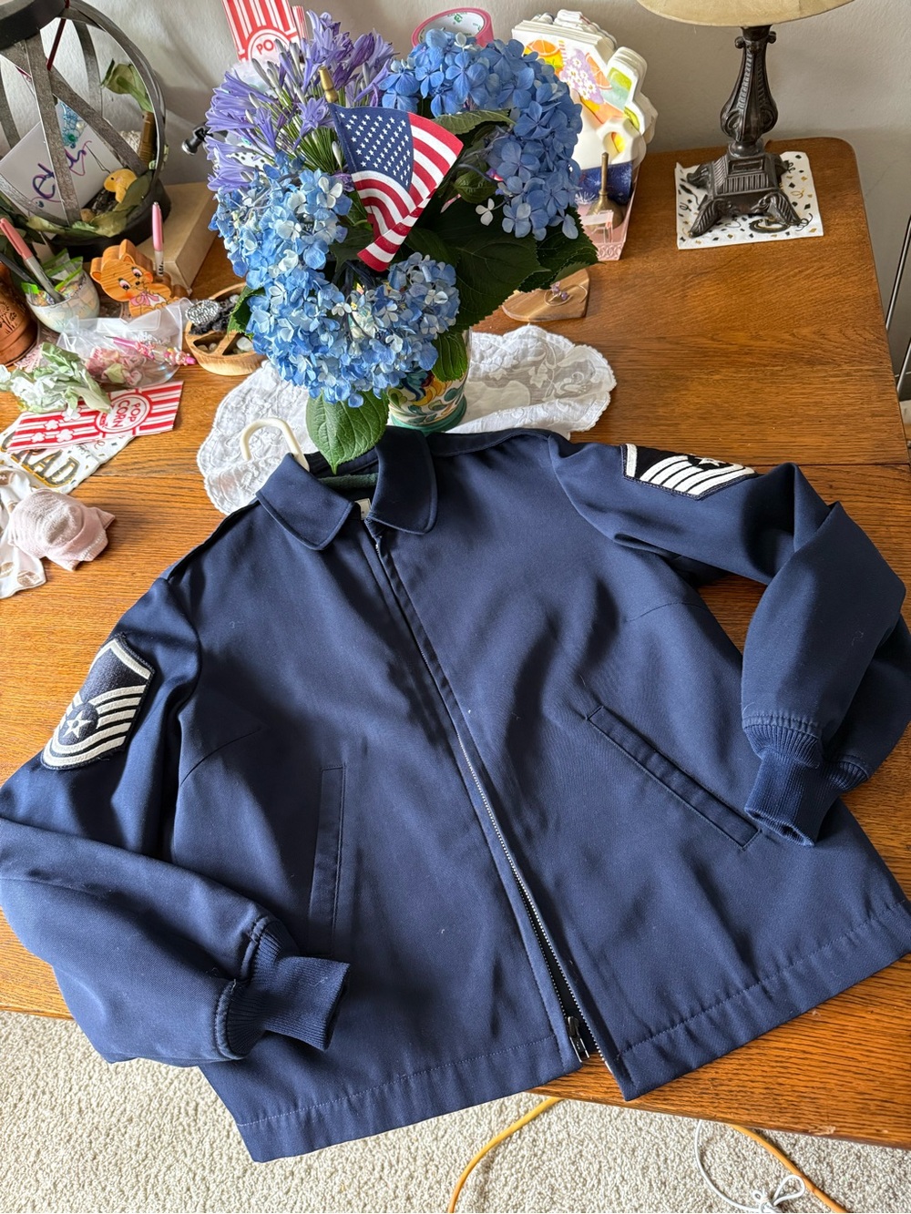 Vintage Air Force Navy blue Military Jacket with White Patch Accents